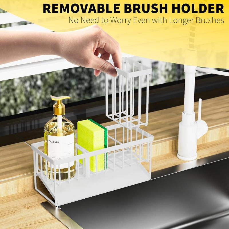 Sponge Holder for Kitchen Sink, Sink Caddy with High Brush Holder, Rustproof Sink Organizer, Soap Dispenser Storage Rack