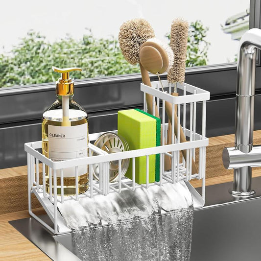 Sponge Holder for Kitchen Sink, Sink Caddy with High Brush Holder, Rustproof Sink Organizer, Soap Dispenser Storage Rack